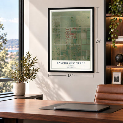 Rancho Mesa Verde, Arizona map, 18 x 24 inch print in a black frame in a home office