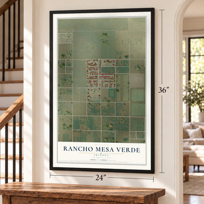 Rancho Mesa Verde, Arizona map, 24 x 36 inch print in a black frame by a staircase