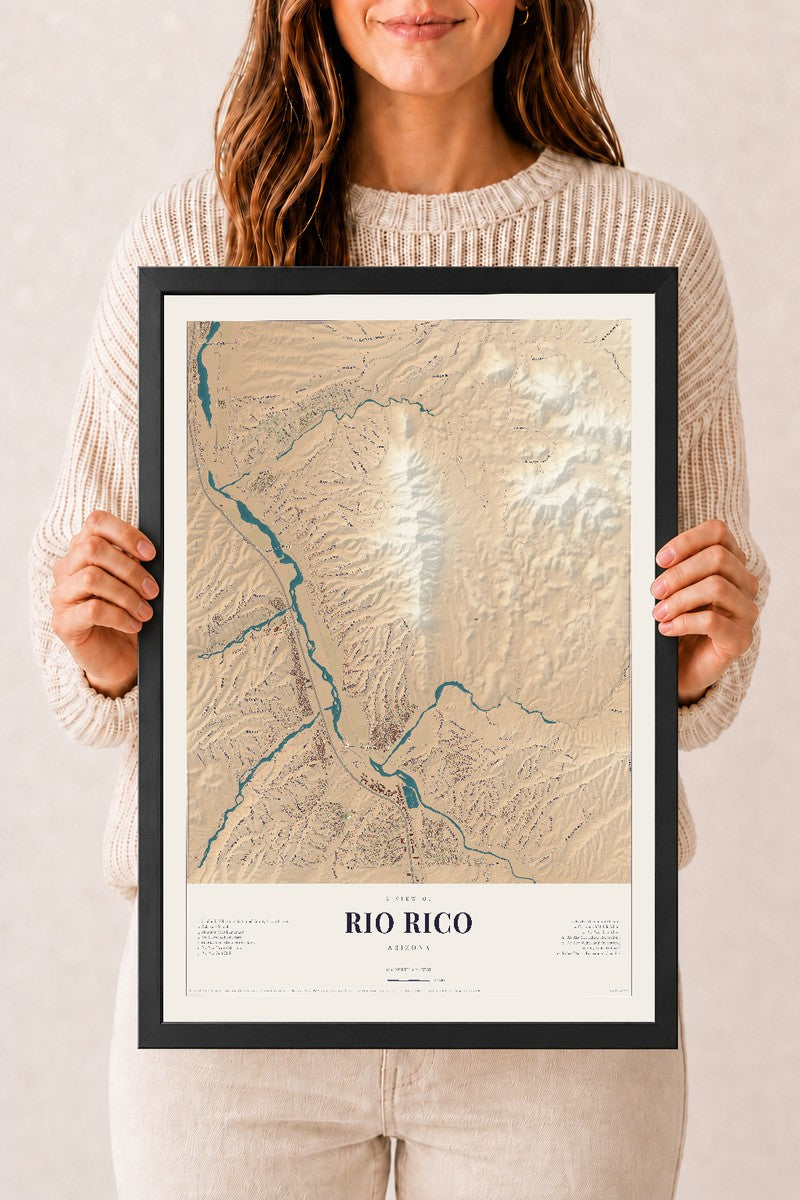 Rio Rico, Arizona map print, 12" x 18", W/ Black Ayous Wood Frame