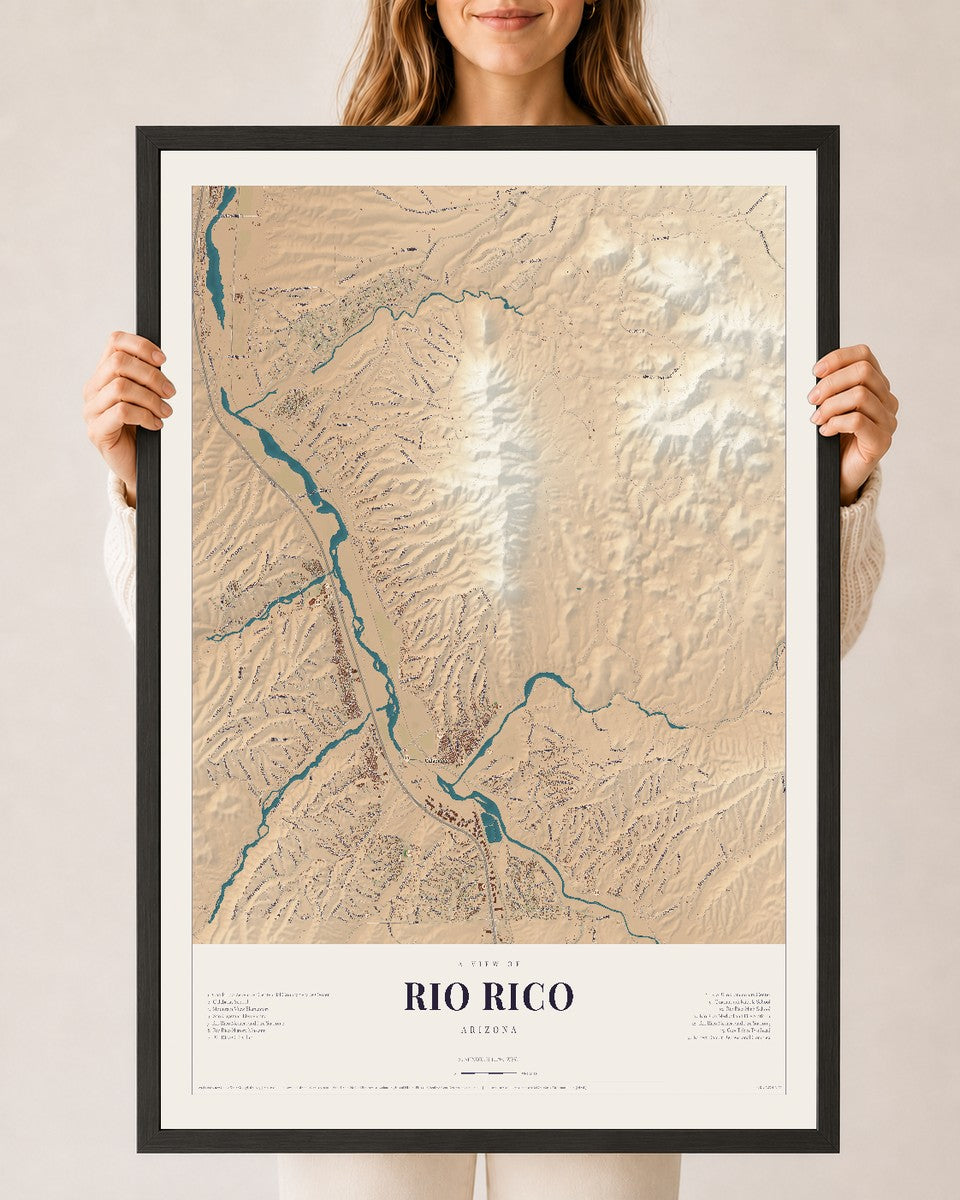 Rio Rico, Arizona map print, 24" x 36", W/ Black Ayous Wood Frame