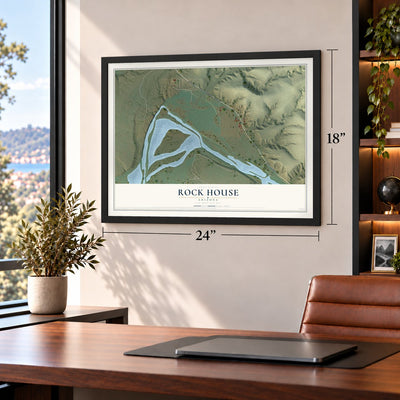 Rock House, Arizona map, 18 x 24 inch print in a black frame in a home office