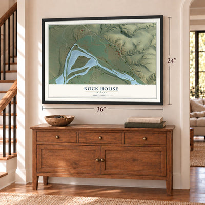 Rock House, Arizona map, 24 x 36 inch print in a black frame above a dresser by a staircase