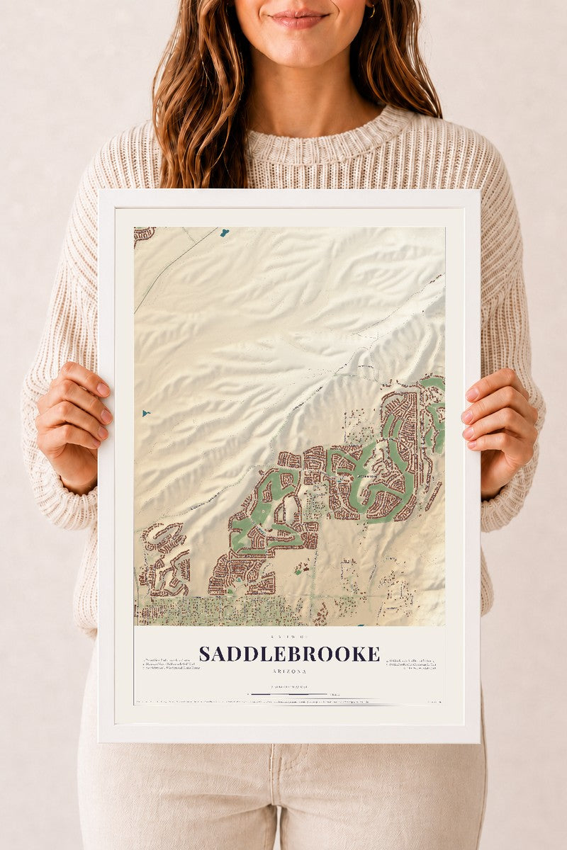 Saddlebrooke, Arizona map print, 12" x 18", W/ White Ayous Wood Frame