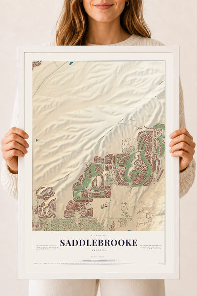 Saddlebrooke, Arizona map print, 18" x 24", W/ White Ayous Wood Frame