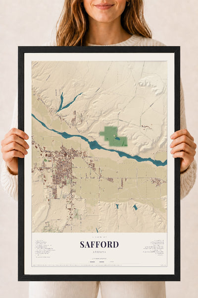 Safford, Arizona map print, 18" x 24", W/ Black Ayous Wood Frame