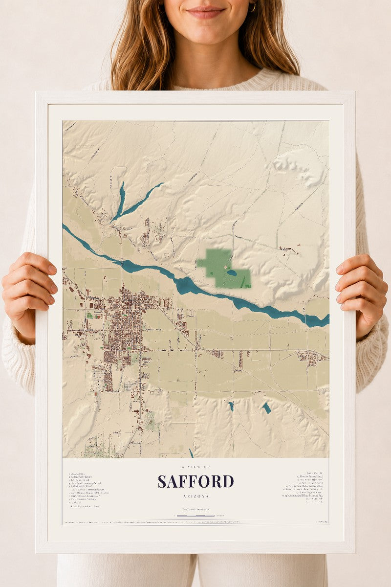 Safford, Arizona map print, 18" x 24", W/ White Ayous Wood Frame