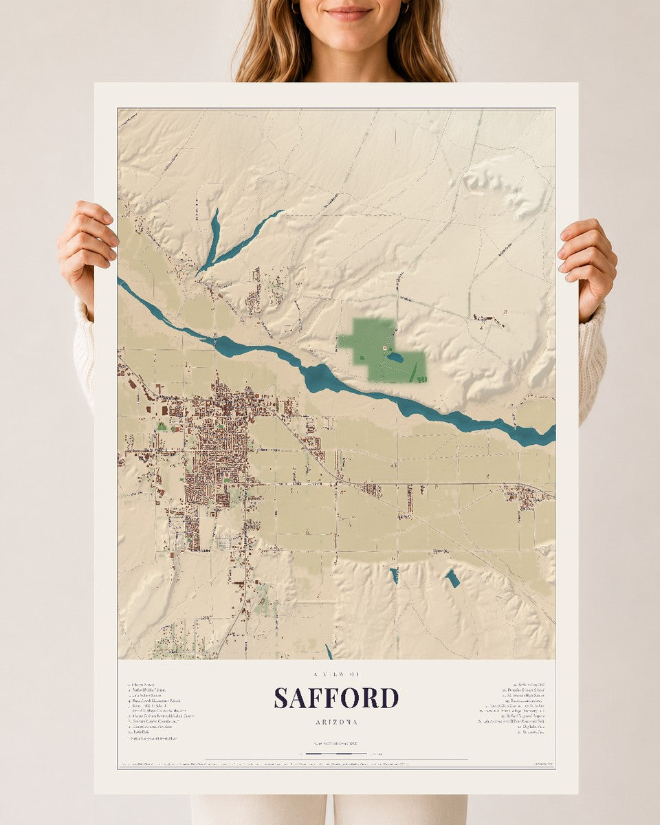 Safford, Arizona map print, 24" x 36", Archival Matte Print