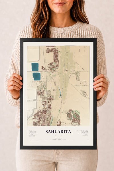 Sahuarita, Arizona map print, 12" x 18", W/ Black Ayous Wood Frame