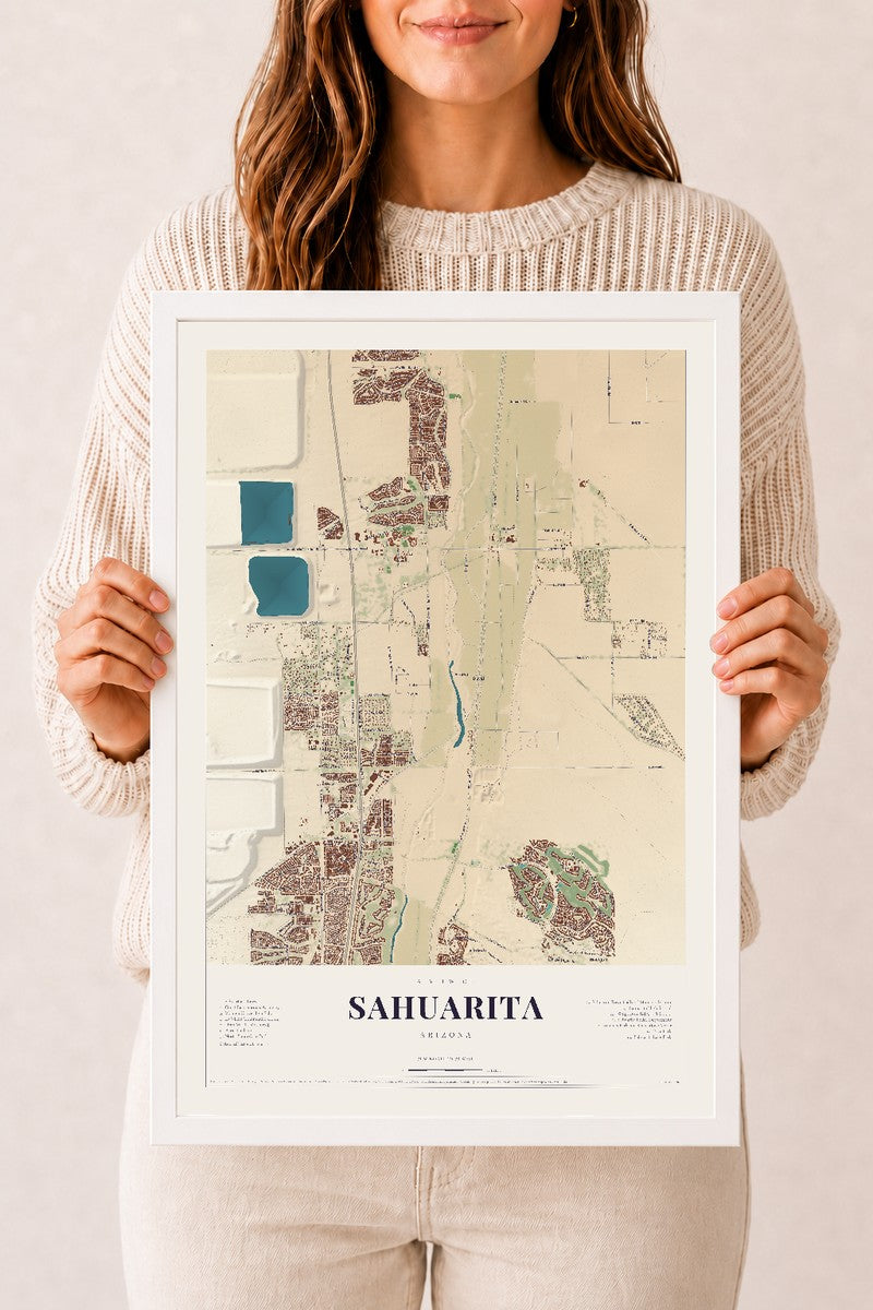 Sahuarita, Arizona map print, 12" x 18", W/ White Ayous Wood Frame