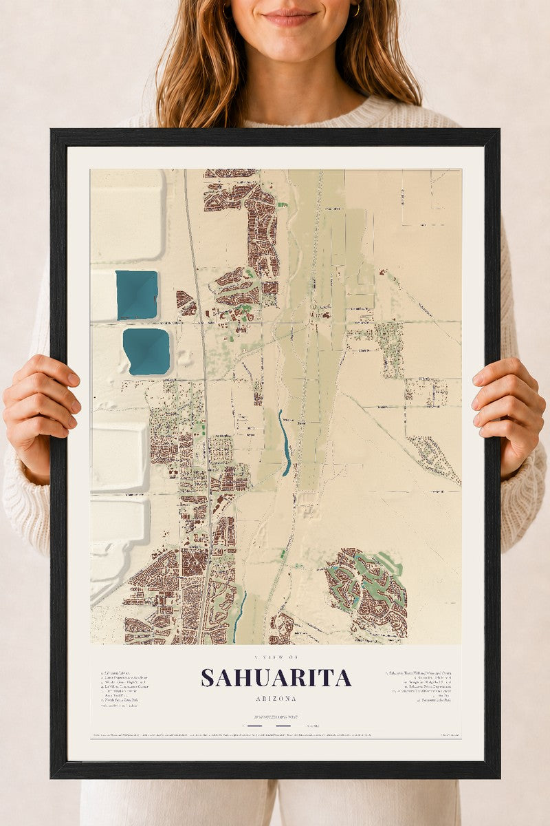 Sahuarita, Arizona map print, 18" x 24", W/ Black Ayous Wood Frame