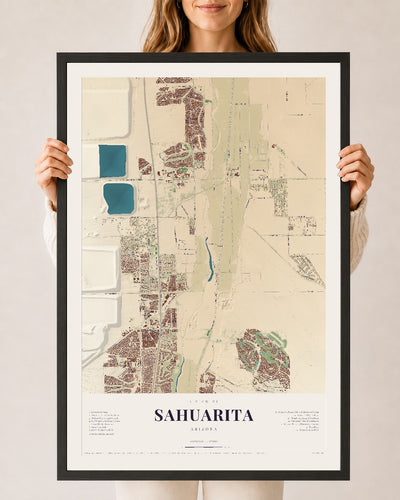 Sahuarita, Arizona map print, 24" x 36", W/ Black Ayous Wood Frame