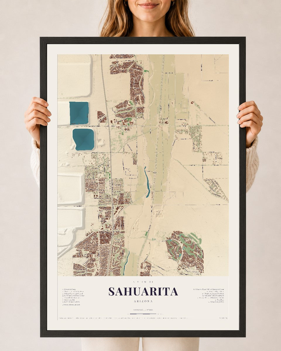 Sahuarita, Arizona map print, 24" x 36", W/ Black Ayous Wood Frame