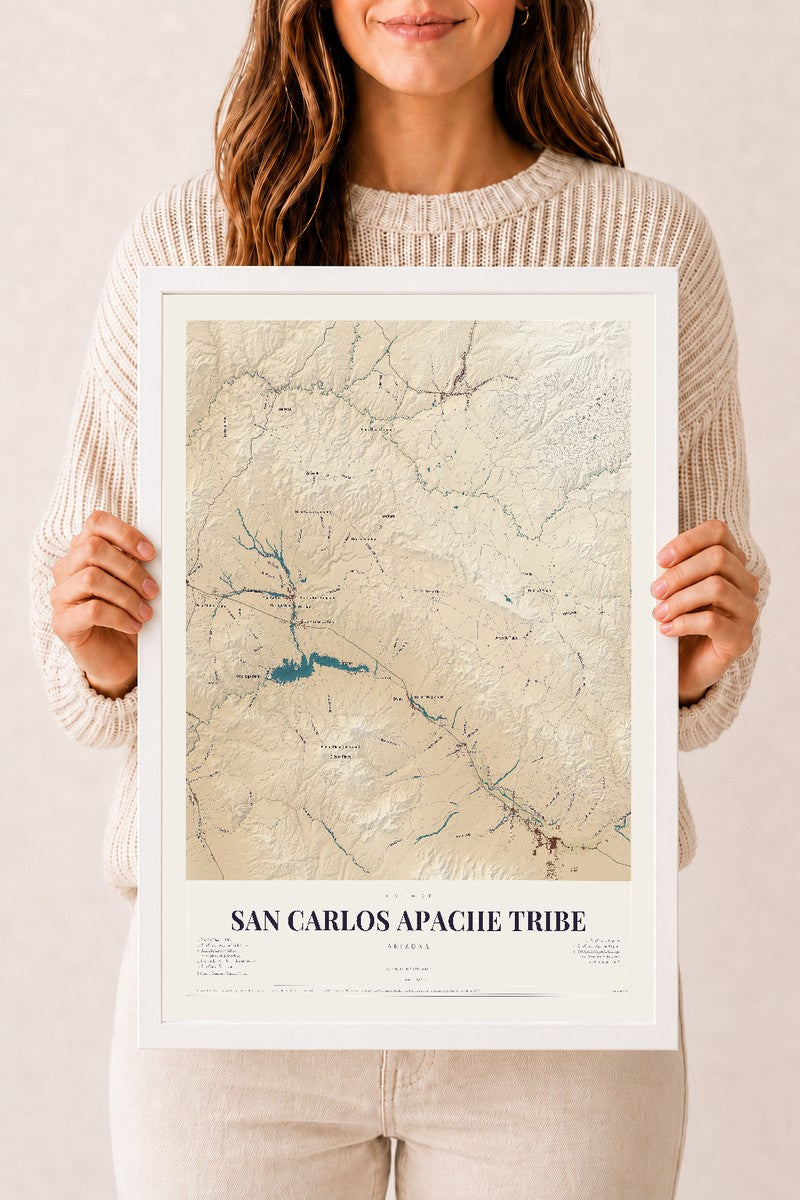 San Carlos Apache Tribe, Arizona map print, 12" x 18", W/ White Ayous Wood Frame