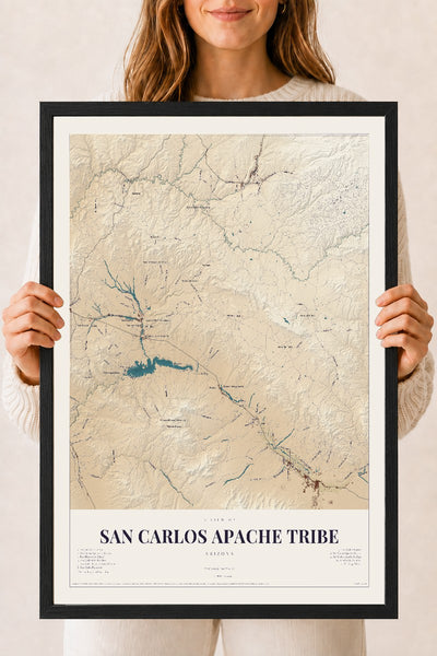 San Carlos Apache Tribe, Arizona map print, 18" x 24", W/ Black Ayous Wood Frame