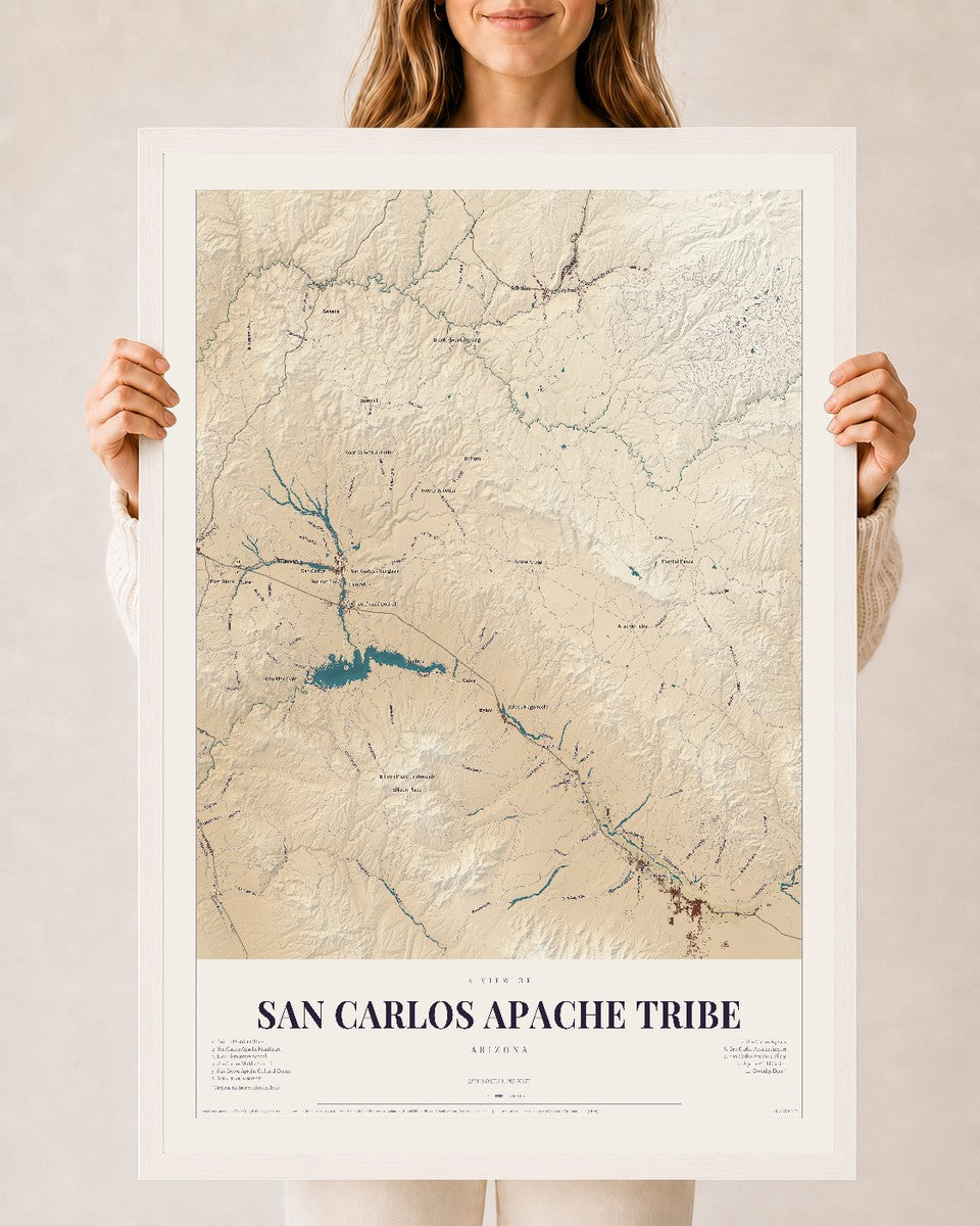 San Carlos Apache Tribe, Arizona map print, 24" x 36", W/ White Ayous Wood Frame