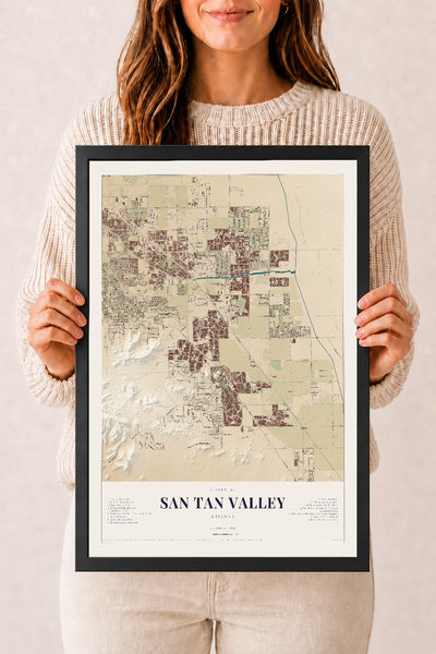 San Tan Valley, Arizona map print, 12" x 18", W/ Black Ayous Wood Frame