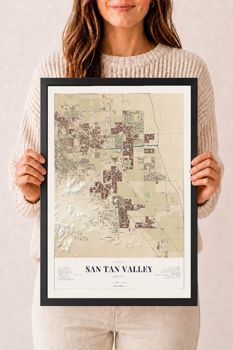 San Tan Valley, Arizona map print, 12" x 18", W/ Black Ayous Wood Frame