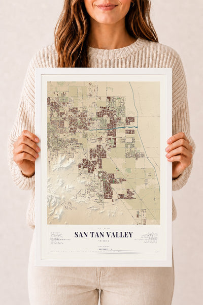 San Tan Valley, Arizona map print, 12" x 18", W/ White Ayous Wood Frame