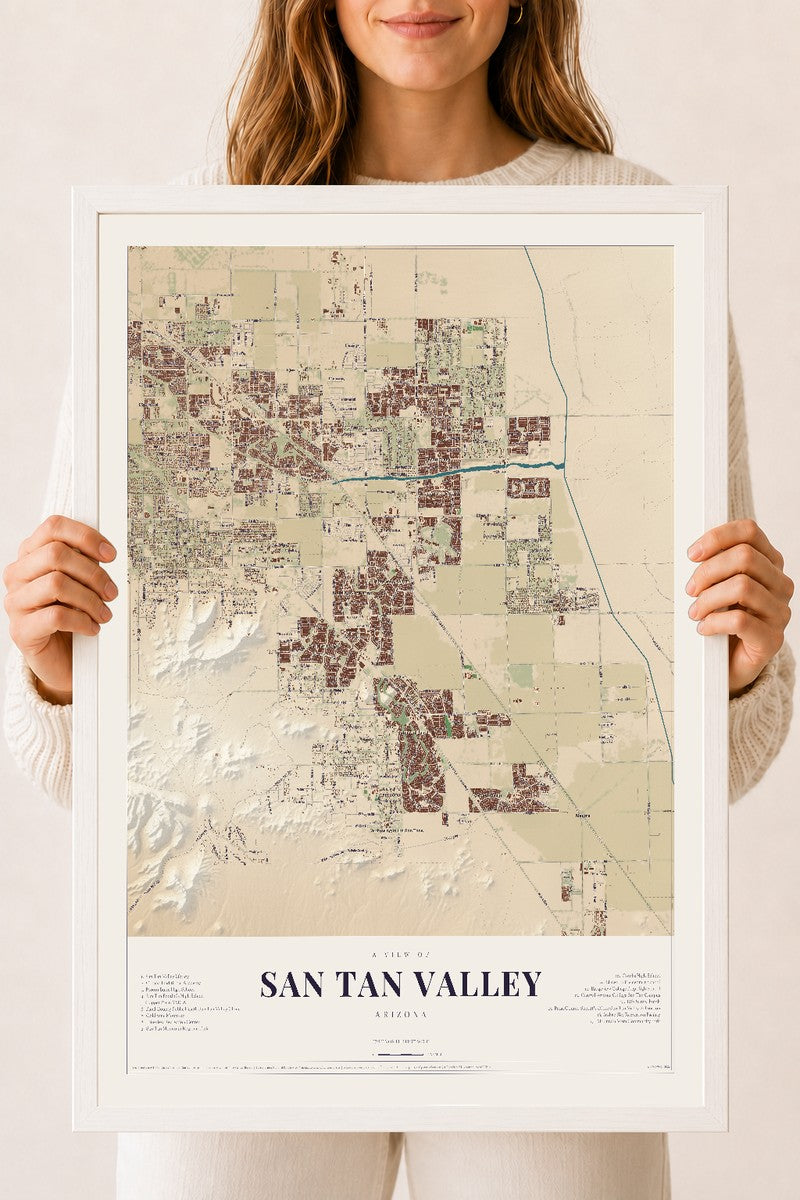 San Tan Valley, Arizona map print, 18" x 24", W/ White Ayous Wood Frame