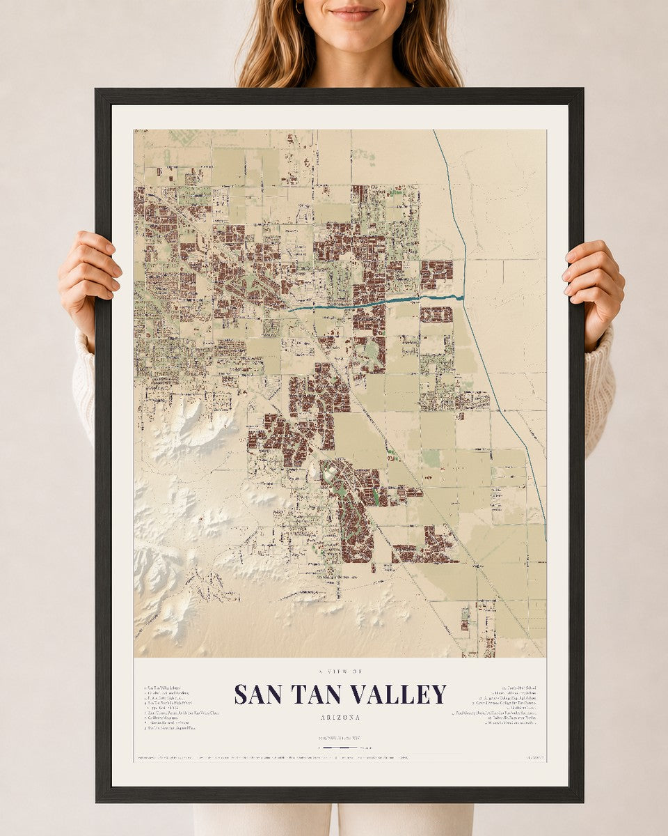San Tan Valley, Arizona map print, 24" x 36", W/ Black Ayous Wood Frame