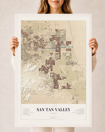 San Tan Valley, Arizona map print, 24" x 36", W/ White Ayous Wood Frame