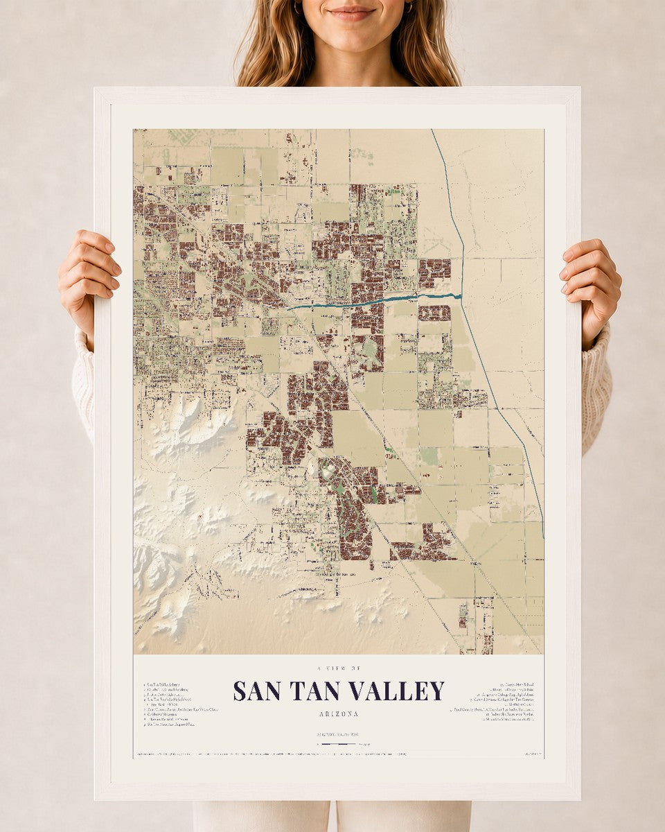 San Tan Valley, Arizona map print, 24" x 36", W/ White Ayous Wood Frame