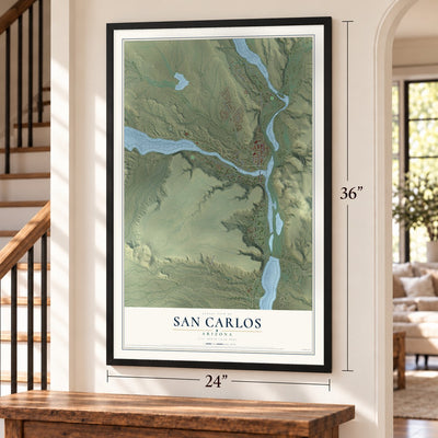 San Carlos, Arizona map, 24 x 36 inch print in a black frame by a staircase