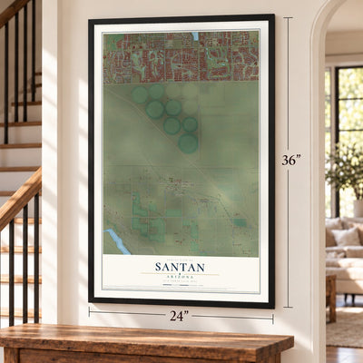 Santan, Arizona map, 24 x 36 inch print in a black frame by a staircase