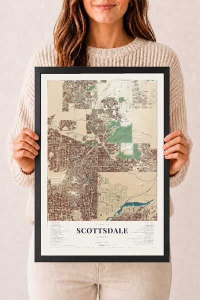 Scottsdale, Arizona map print, 12" x 18", W/ Black Ayous Wood Frame