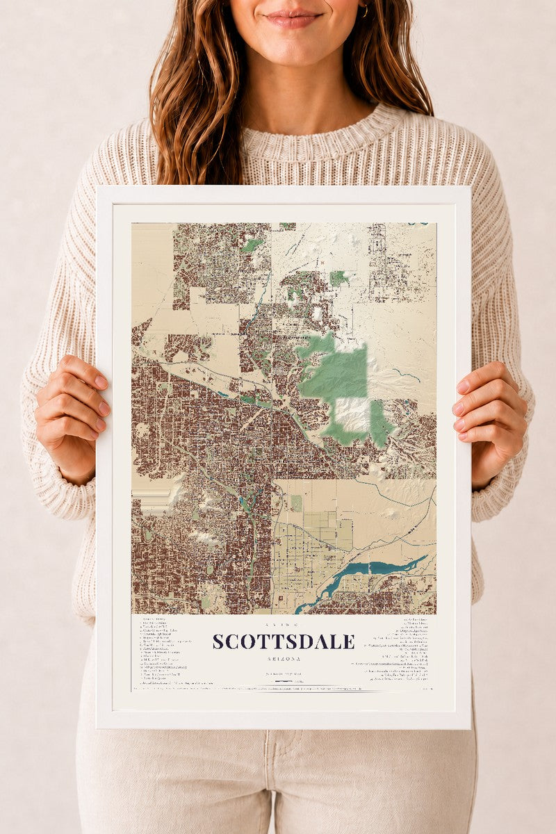 Scottsdale, Arizona map print, 12" x 18", W/ White Ayous Wood Frame