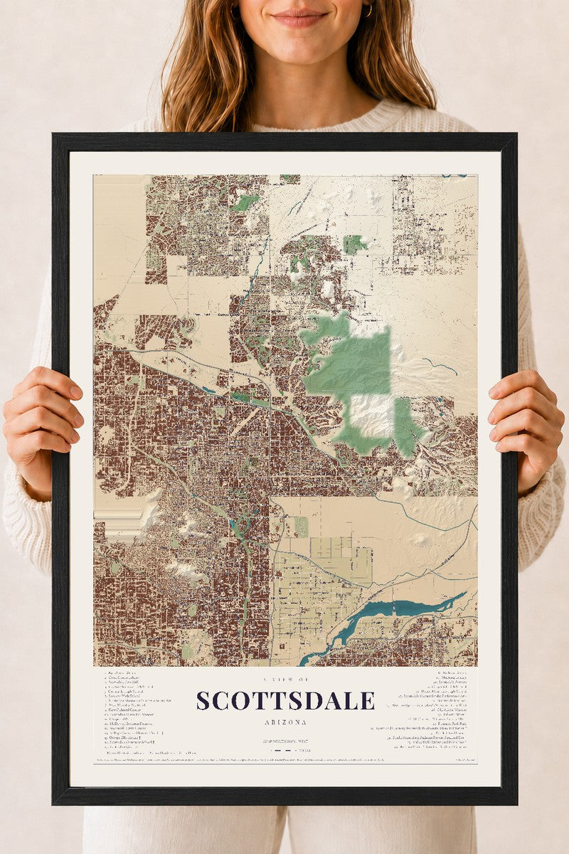 Scottsdale, Arizona map print, 18" x 24", W/ Black Ayous Wood Frame