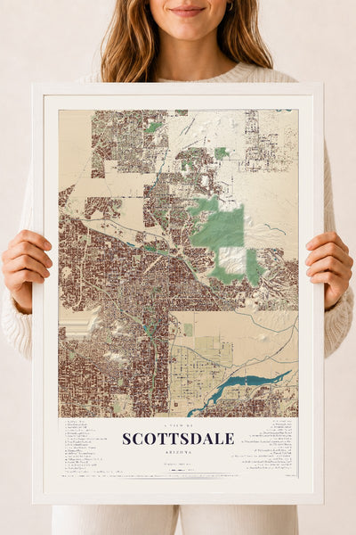 Scottsdale, Arizona map print, 18" x 24", W/ White Ayous Wood Frame