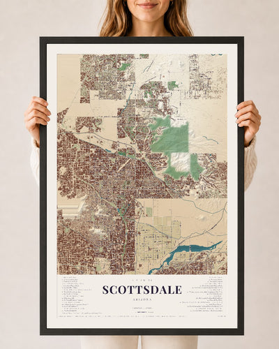 Scottsdale, Arizona map print, 24" x 36", W/ Black Ayous Wood Frame