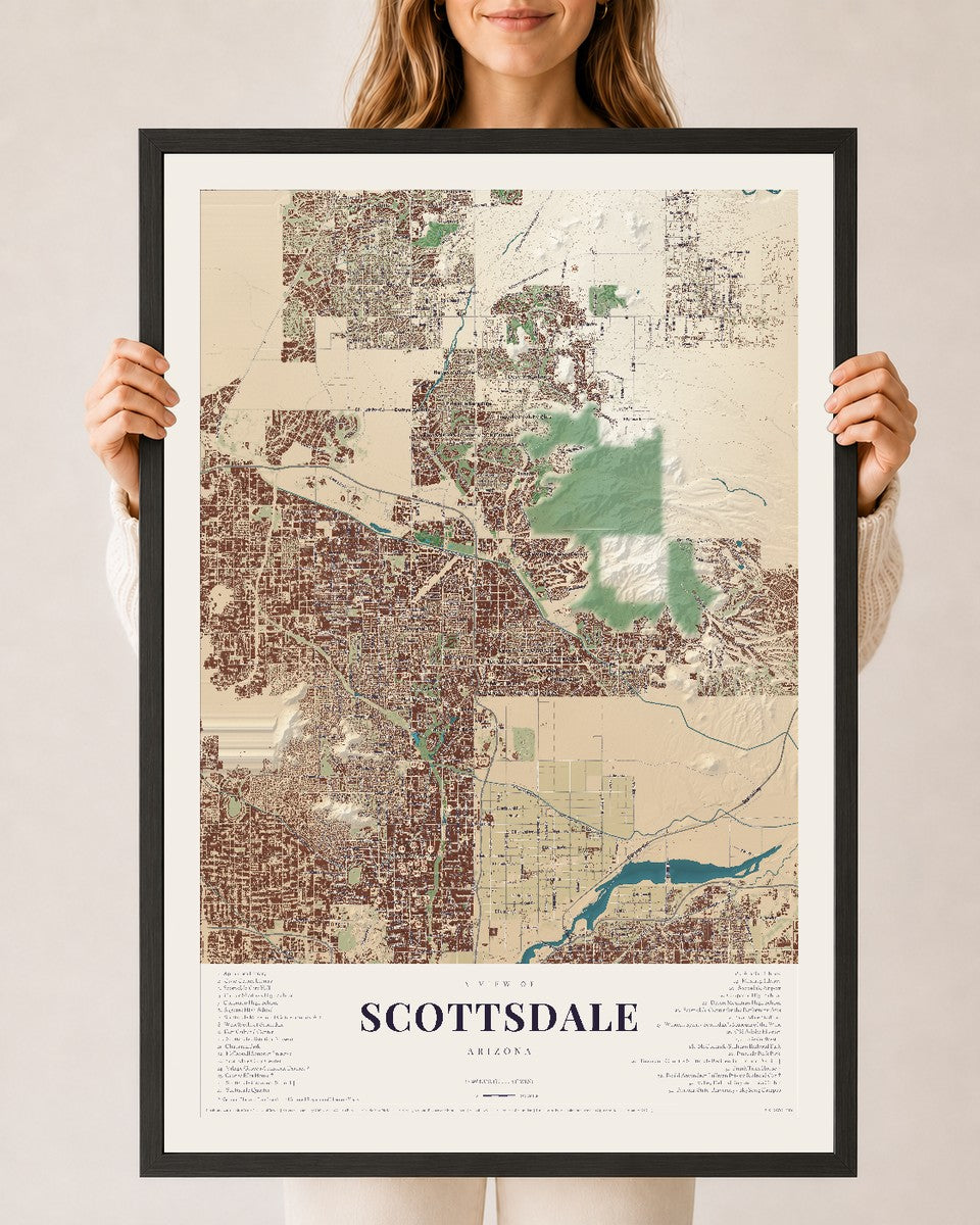 Scottsdale, Arizona map print, 24" x 36", W/ Black Ayous Wood Frame