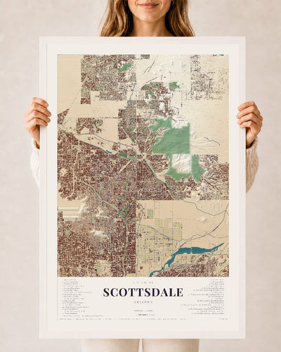 Scottsdale, Arizona map print, 24" x 36", W/ White Ayous Wood Frame