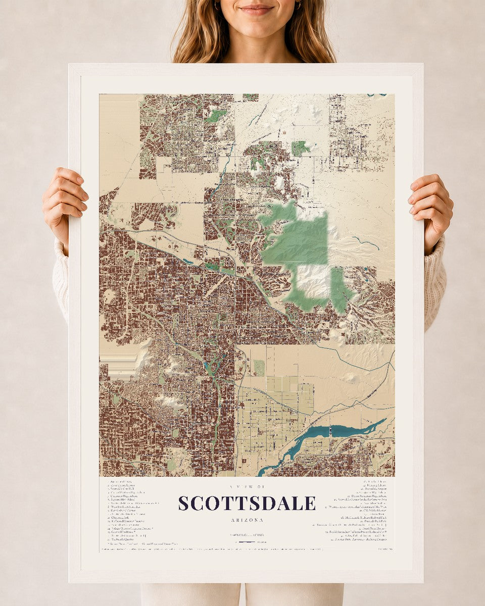 Scottsdale, Arizona map print, 24" x 36", W/ White Ayous Wood Frame