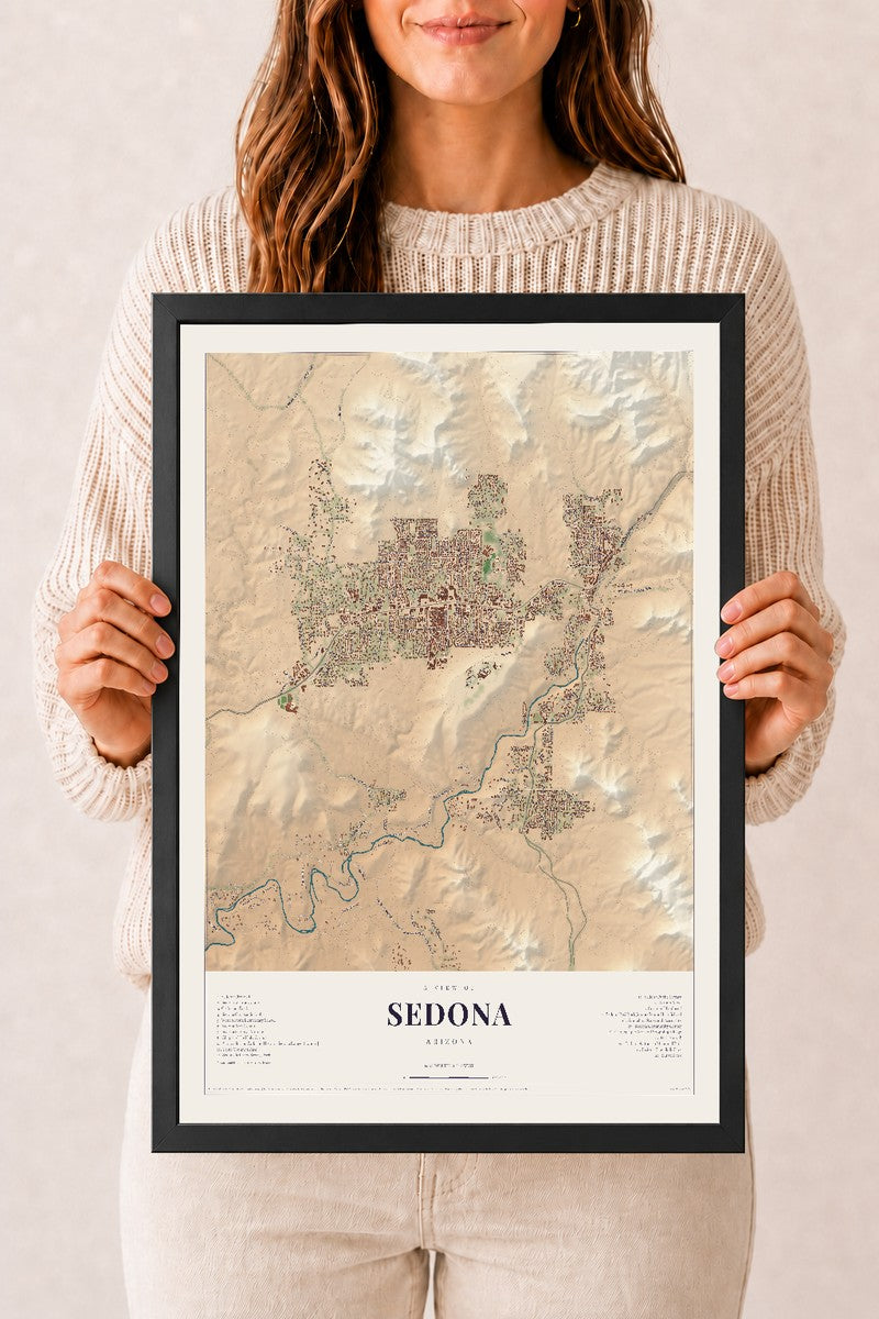Sedona, Arizona map print, 12" x 18", W/ Black Ayous Wood Frame
