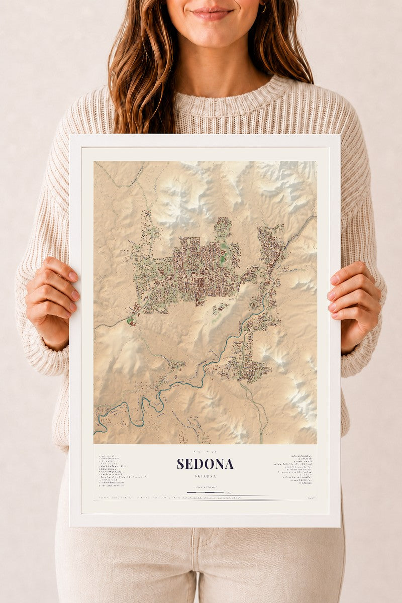 Sedona, Arizona map print, 12" x 18", W/ White Ayous Wood Frame