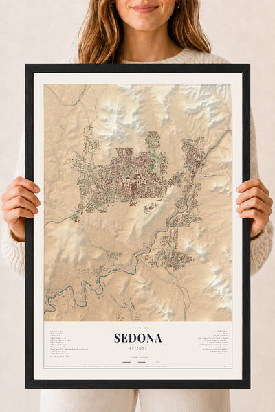 Sedona, Arizona map print, 18" x 24", W/ Black Ayous Wood Frame
