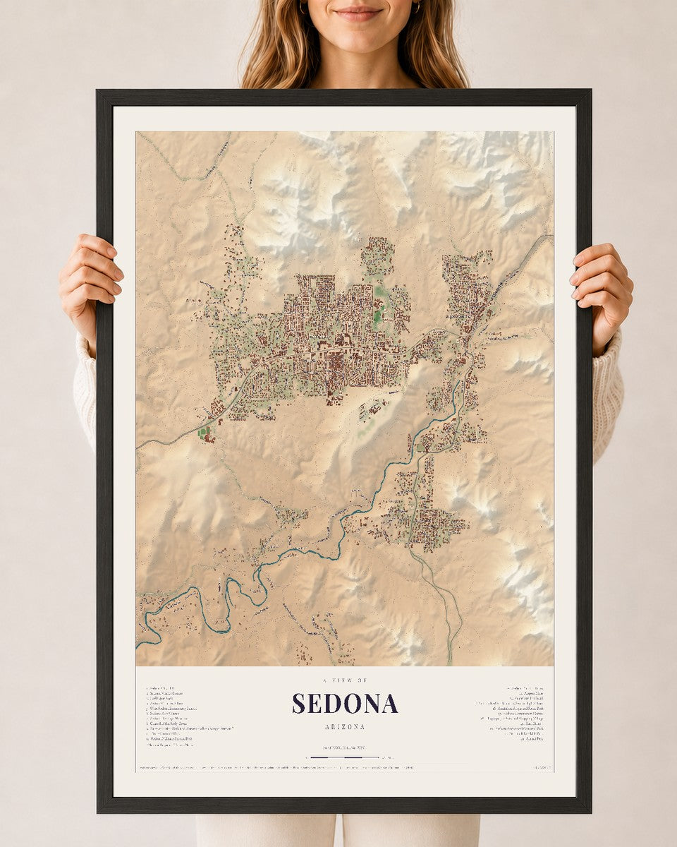 Sedona, Arizona map print, 24" x 36", W/ Black Ayous Wood Frame