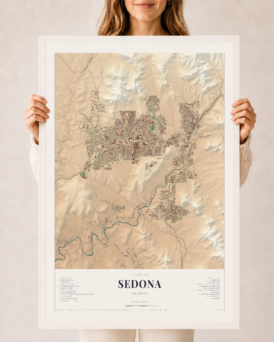 Sedona, Arizona map print, 24" x 36", W/ White Ayous Wood Frame