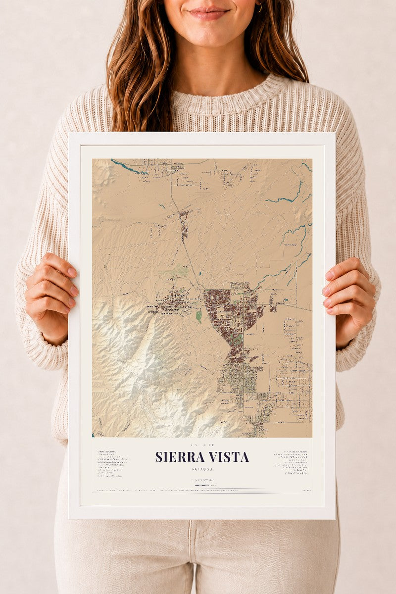 Sierra Vista, Arizona map print, 12" x 18", W/ White Ayous Wood Frame
