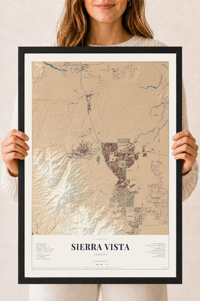 Sierra Vista, Arizona map print, 18" x 24", W/ Black Ayous Wood Frame
