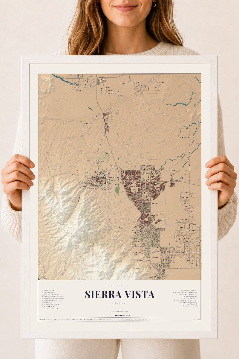 Sierra Vista, Arizona map print, 18" x 24", W/ White Ayous Wood Frame