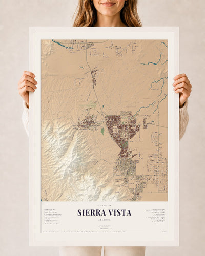 Sierra Vista, Arizona map print, 24" x 36", W/ White Ayous Wood Frame