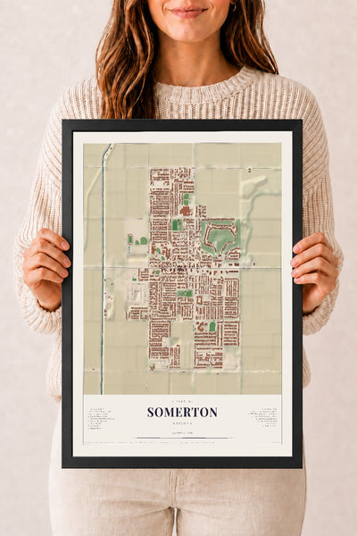 Somerton, Arizona map print, 12" x 18", W/ Black Ayous Wood Frame