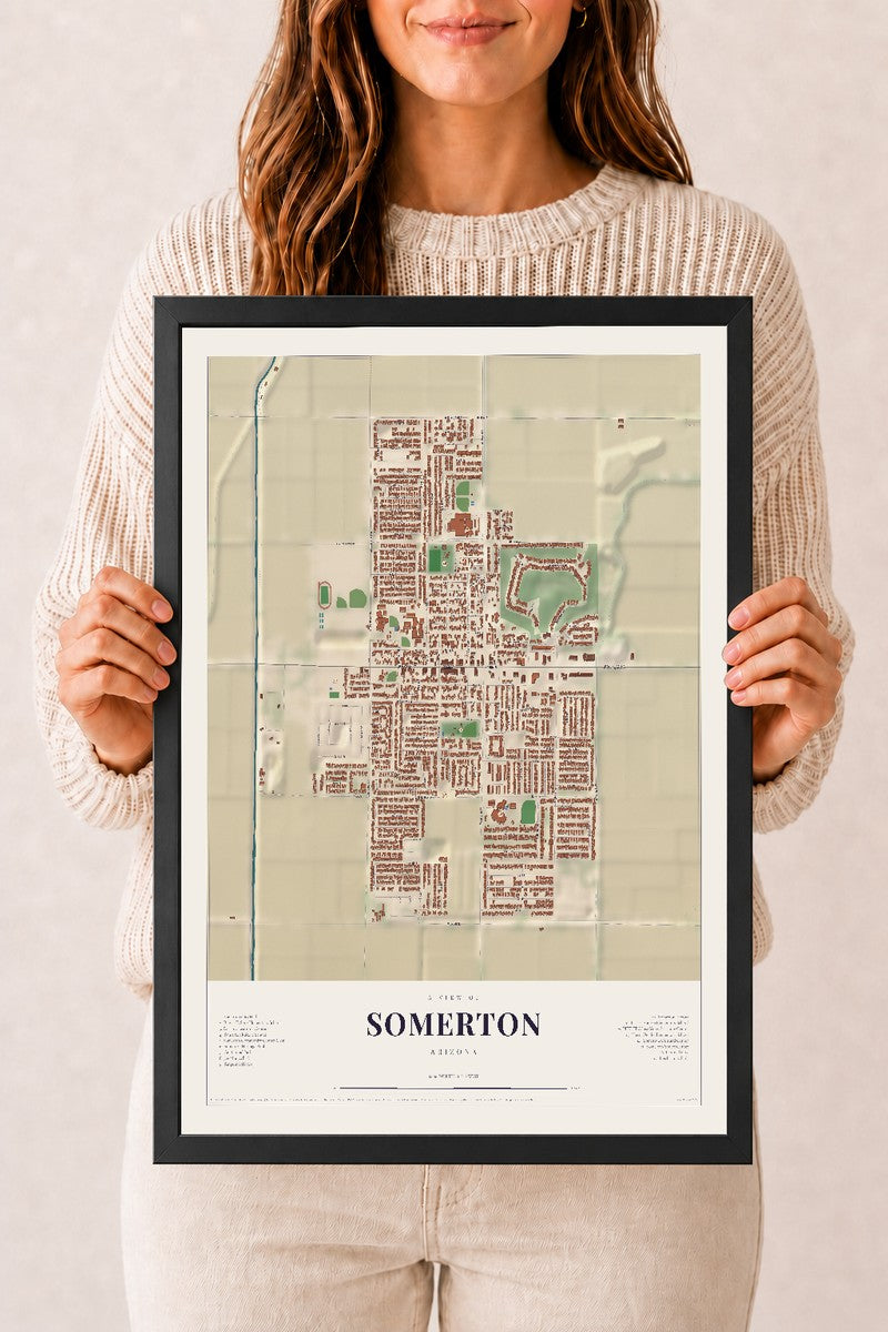 Somerton, Arizona map print, 12" x 18", W/ Black Ayous Wood Frame