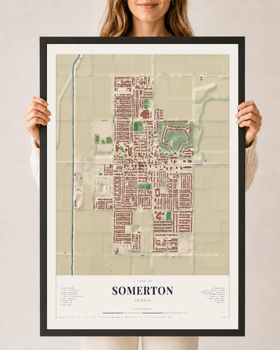 Somerton, Arizona map print, 24" x 36", W/ Black Ayous Wood Frame