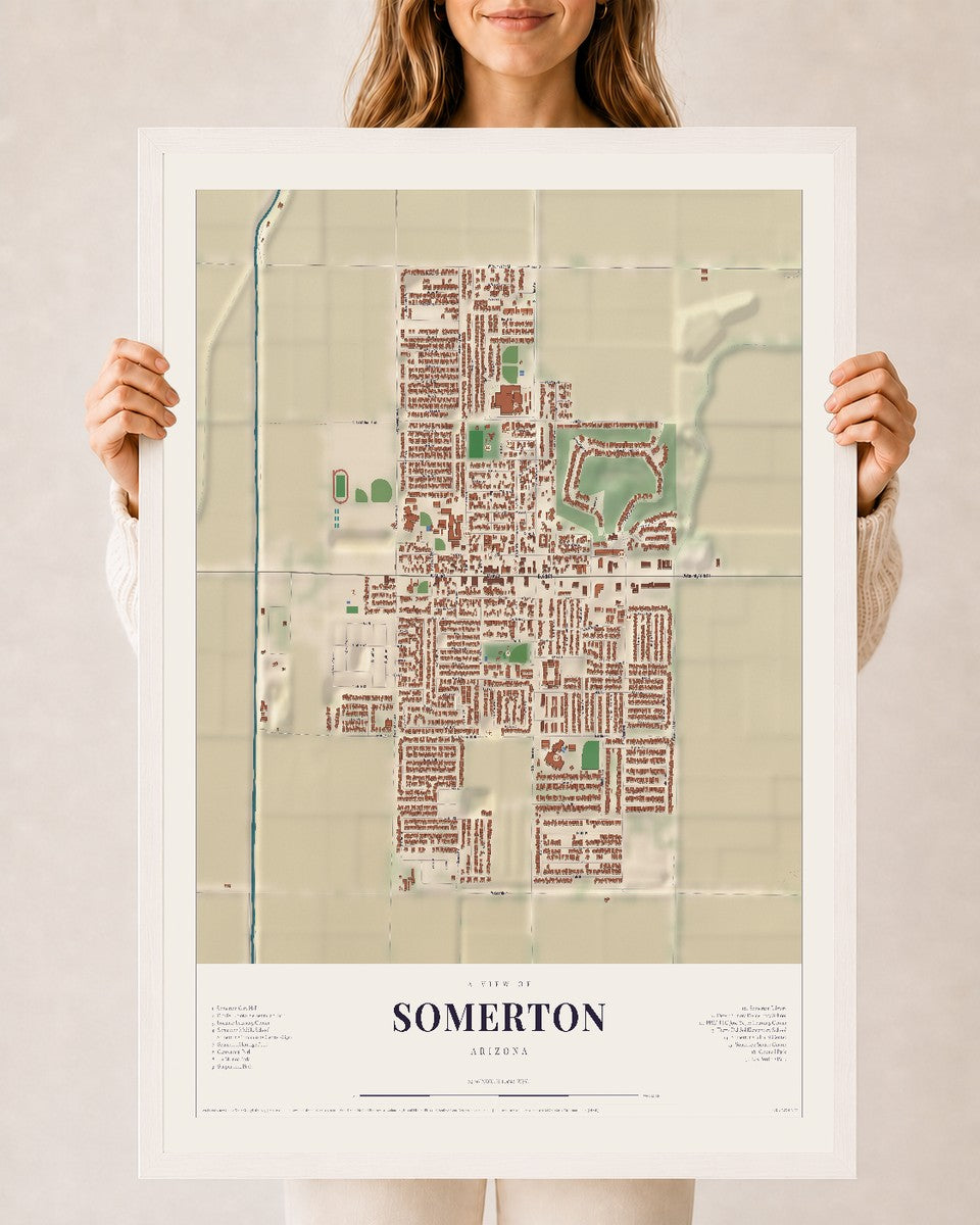 Somerton, Arizona map print, 24" x 36", W/ White Ayous Wood Frame