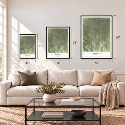 Sonoita, Arizona map in 12 x 18, 18 x 24 and 24 x 36 inch sizes above a sofa